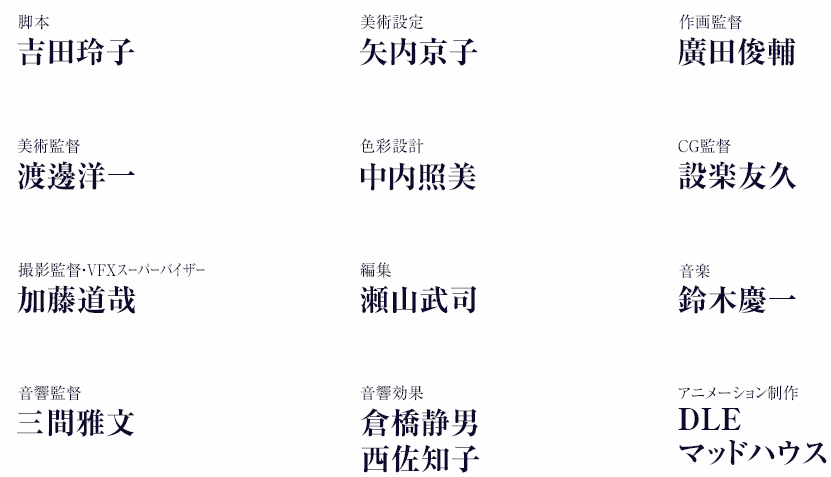 脚本:吉田玲子 美術設定:矢内京子 作画監督:廣田俊輔 美術監督:渡邊洋一 色彩設計:中内照美 CG監督:設楽友久 撮影監督・ＶＦＸスーパーバイザー:加藤道哉 編集:瀬山武司 音楽:鈴木慶一 音響監督:三間雅文 音響効果:倉橋静男・西佐知子 アニメーション制作:DLE・マッドハウス